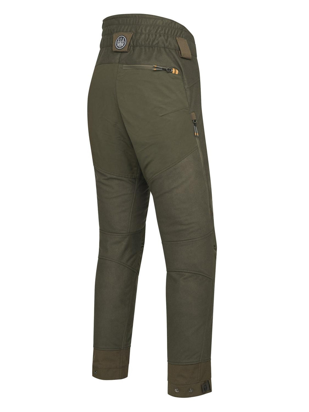 Beretta Matajur Windblock trousers in olive, rear three-quarter view showing the zipped back pocket and brown ankle cuffs
