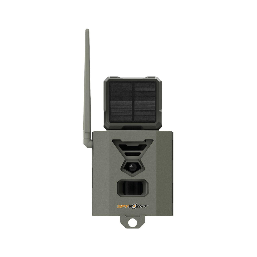 Spypoint SB-500S security box in use with a trail camera and solar panel fitted inside, aerial raised, front view