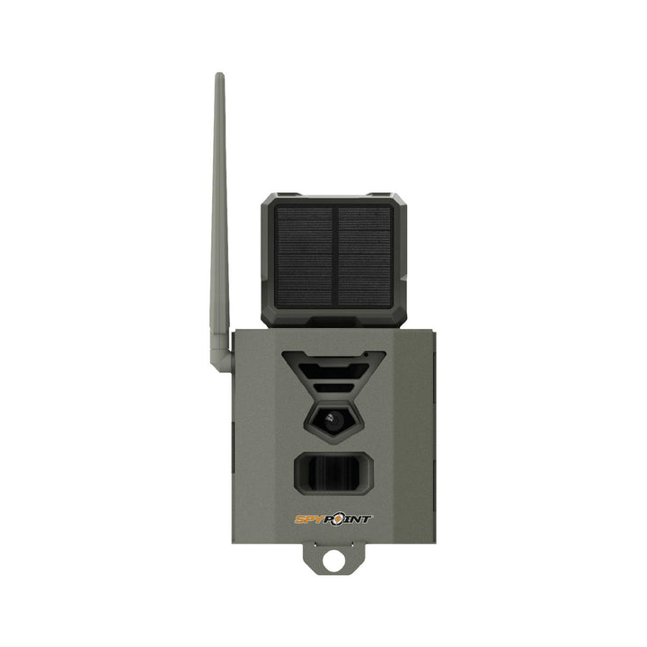 Spypoint SB-500S security box in use with a trail camera and solar panel fitted inside, aerial raised, front view