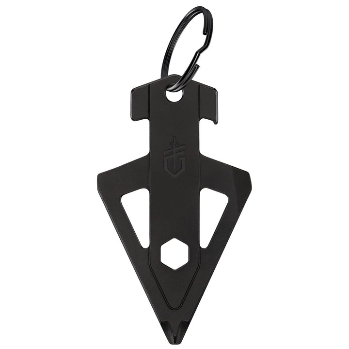 Reverse of the black Gerber Broadhead keychain multi-tool, showing the Gerber sword logo, hex driver cut-out and pry tip.