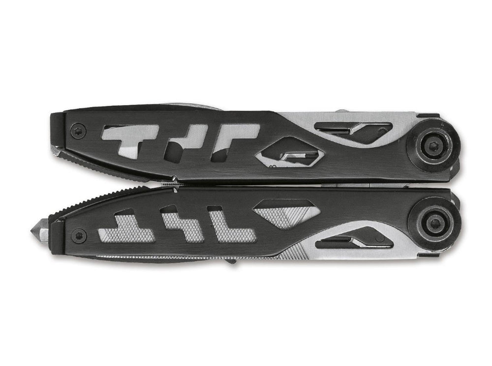 Böker Plus Specialist II multitool folded closed, black and silver handles with cut-out pattern, top view