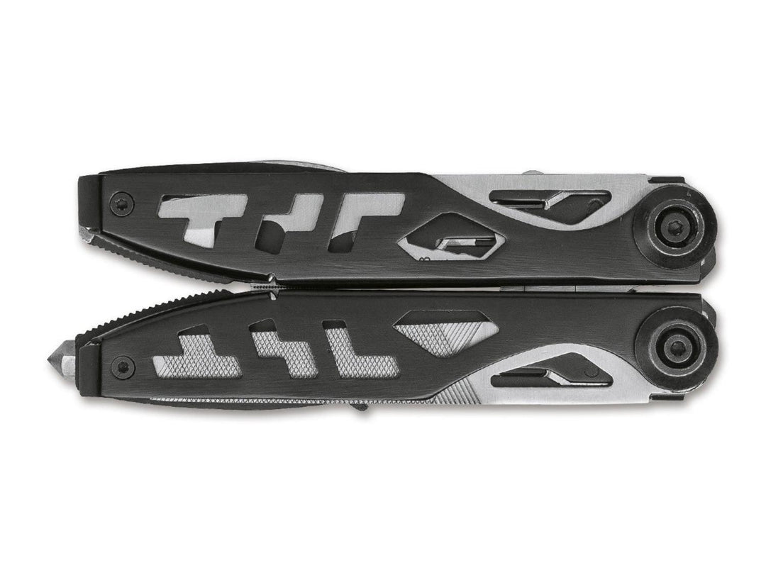 Böker Plus Specialist II multitool folded closed, black and silver handles with cut-out pattern, top view