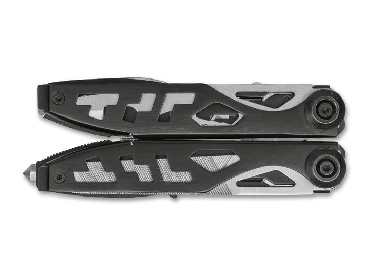 Böker Plus Specialist II multitool folded closed, black and silver handles with cut-out pattern, top view