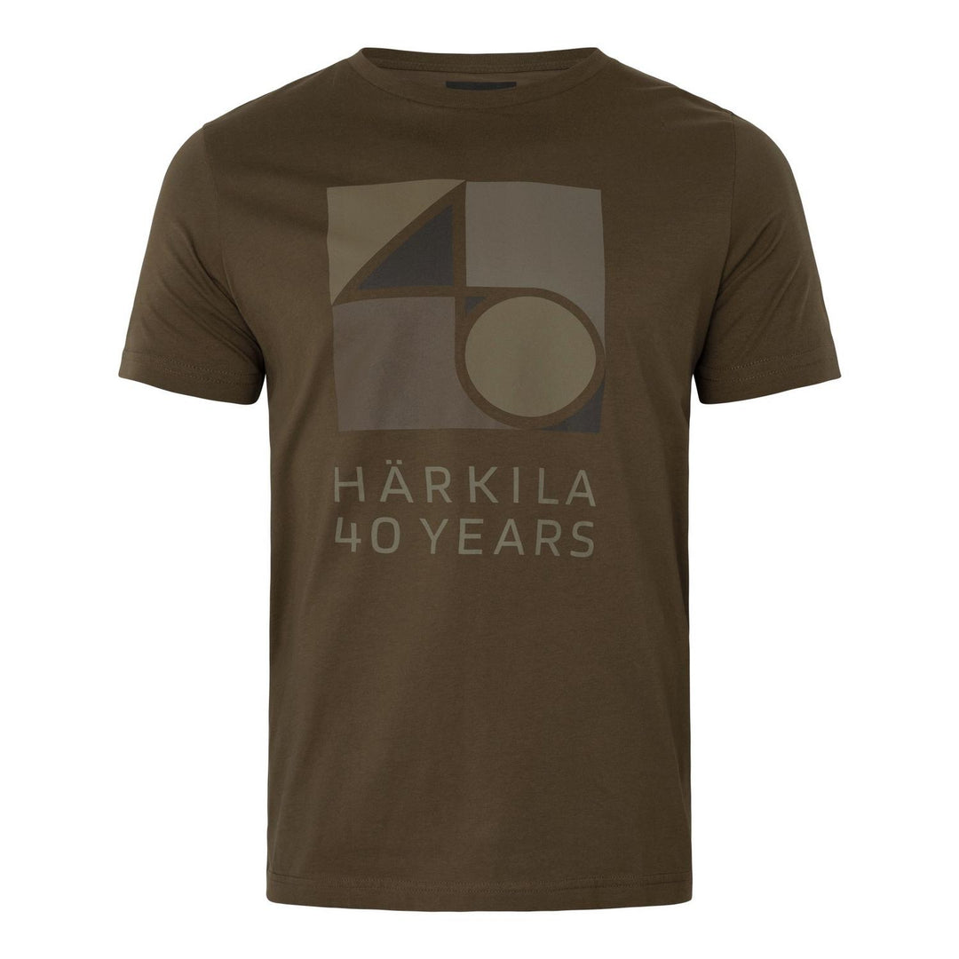 Härkila Anniversary t-shirt in brown, front view showing the tonal '40' graphic logo and 'HÄRKILA 40 YEARS' print on the chest