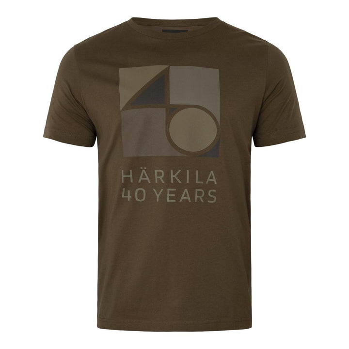 Härkila Anniversary t-shirt in brown, front view showing the tonal '40' graphic logo and 'HÄRKILA 40 YEARS' print on the chest