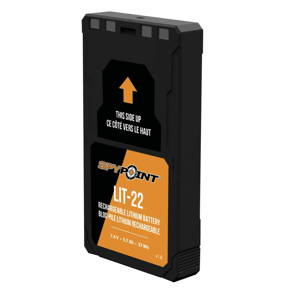 Single Spypoint LIT-22 lithium battery, front view of the black block with the orange 'this side up' arrow and LIT-22 label