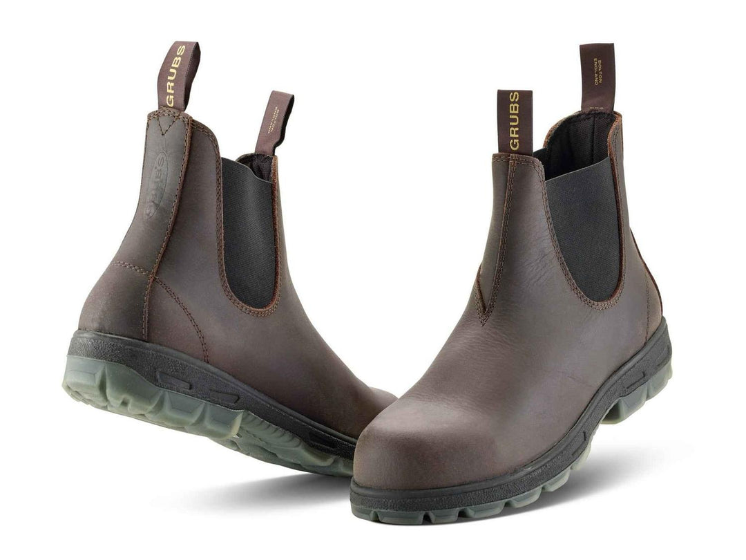 Grubs Fury S3 SRB safety dealer boots in dark brown leather with black elastic gussets and grey-green sole, pair three-quarter view