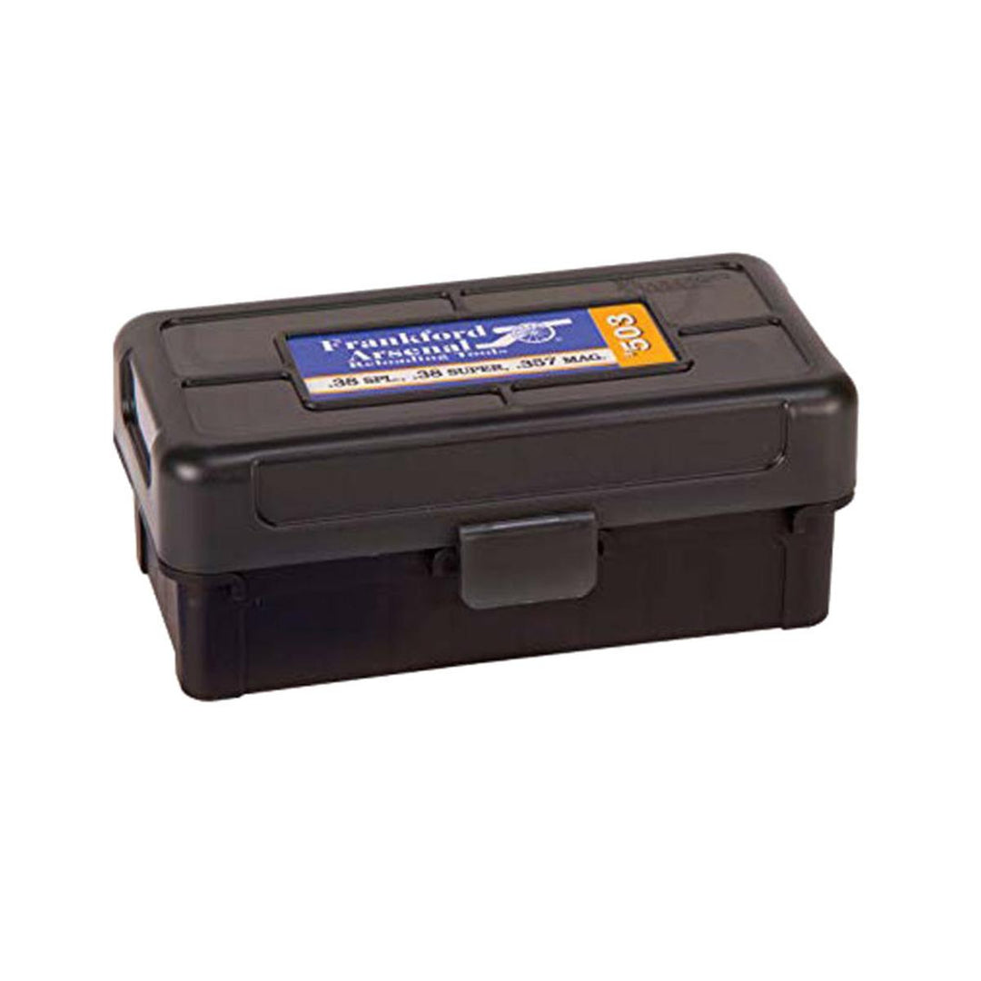 Frankford Arsenal Hinge Top Ammo Box 503 .38/357 50 Rnd - Mechanical plastic for great strength, Can place a 1" x 2 5/8" printer I.D. label on the lid