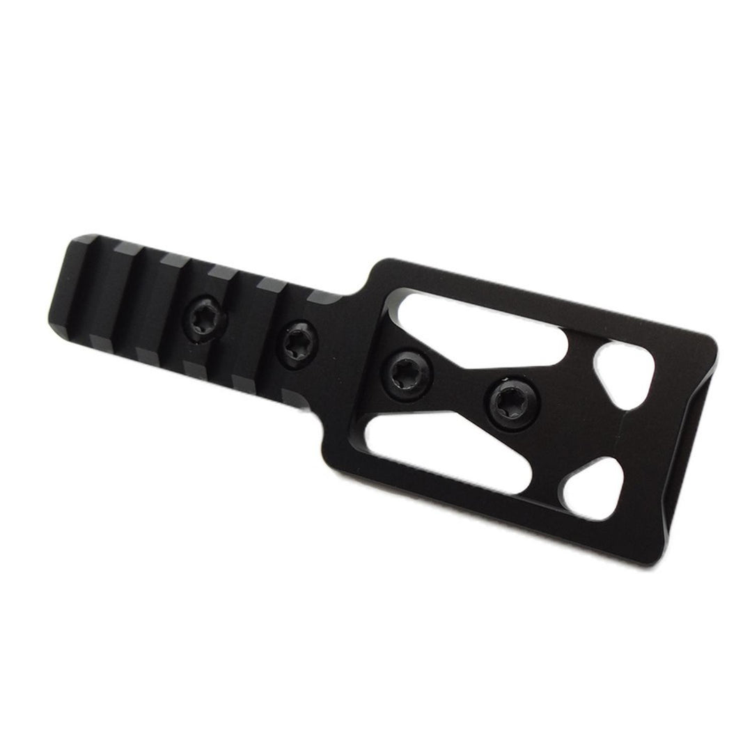 Nieload front adaptor from the opposite side, black anodised bracket with the Picatinny cross-slots at the left and mounting screws