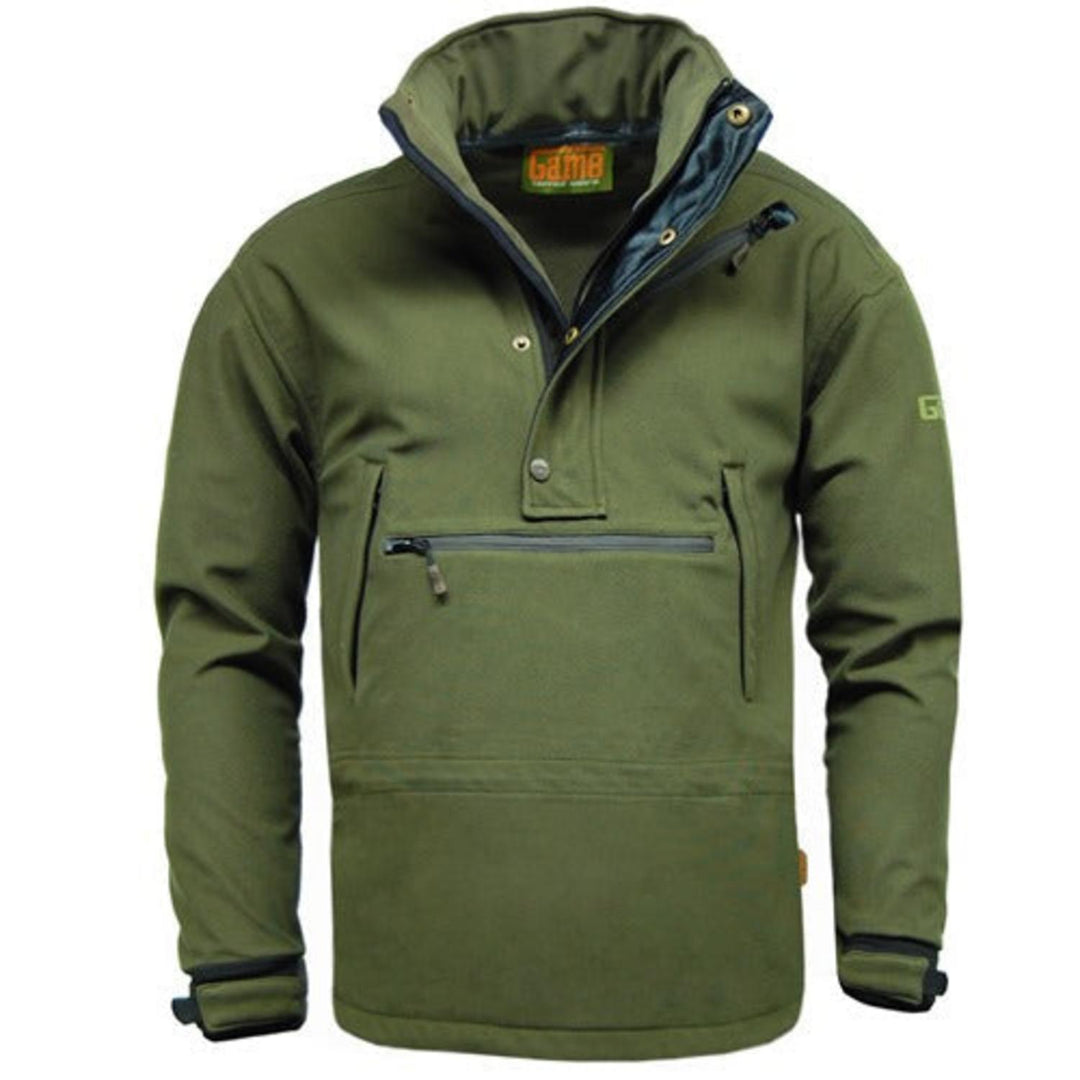 Game Kids HB103K waterproof stalking smock in olive-green, a half-zip pullover with a stand-up collar, chest zip pocket and front pouch pocket, three-quarter front view.
