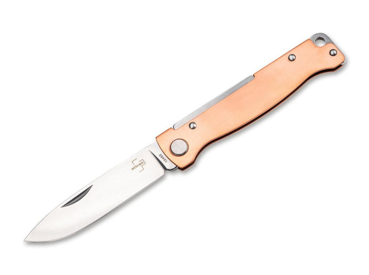 Böker Plus Atlas Copper slipjoint folding knife with copper handle scales and satin drop-point blade, open side view