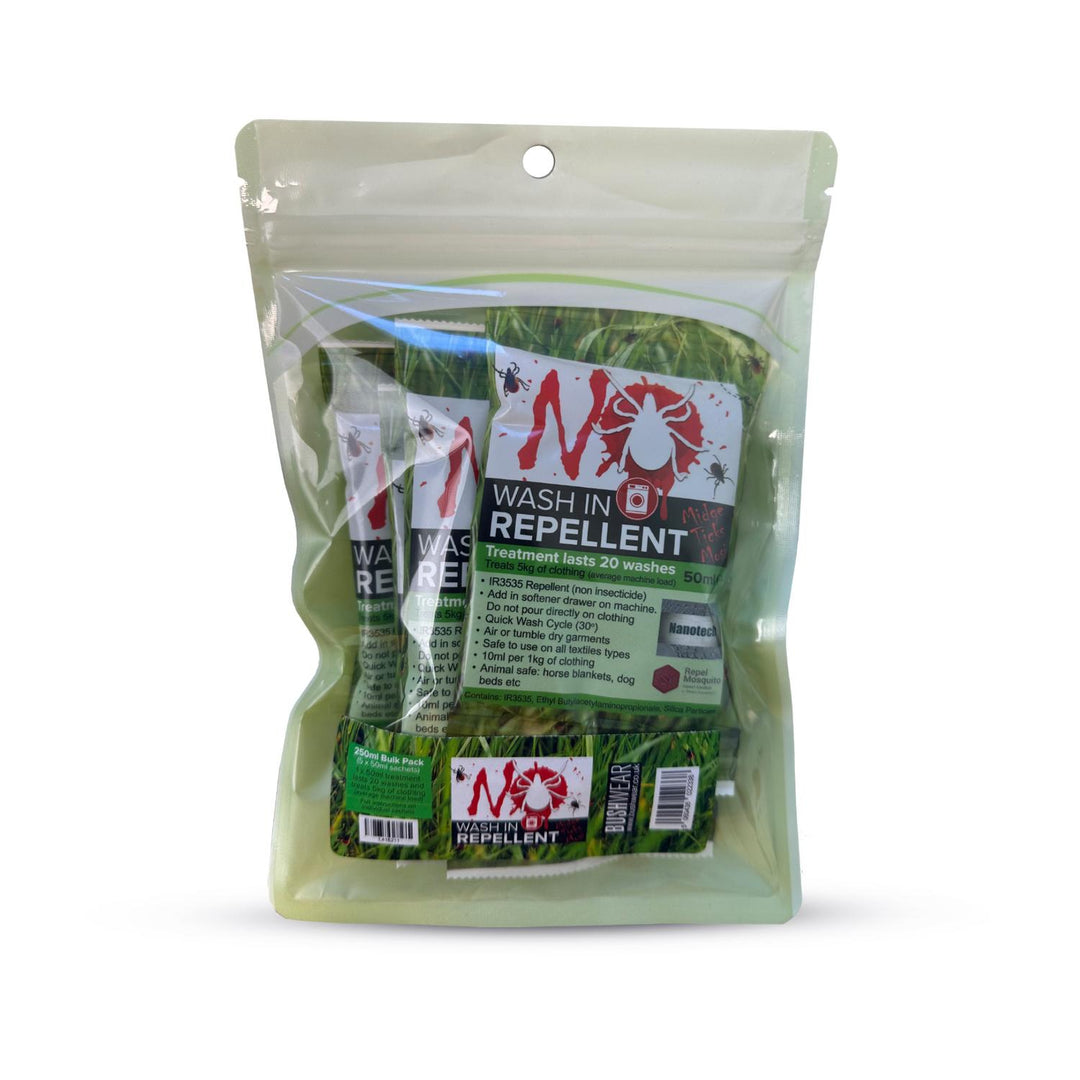 BushWear NO Tick Wash in Repellent 250ml, a green and white stand-up pouch holding five 50ml sachets, front view