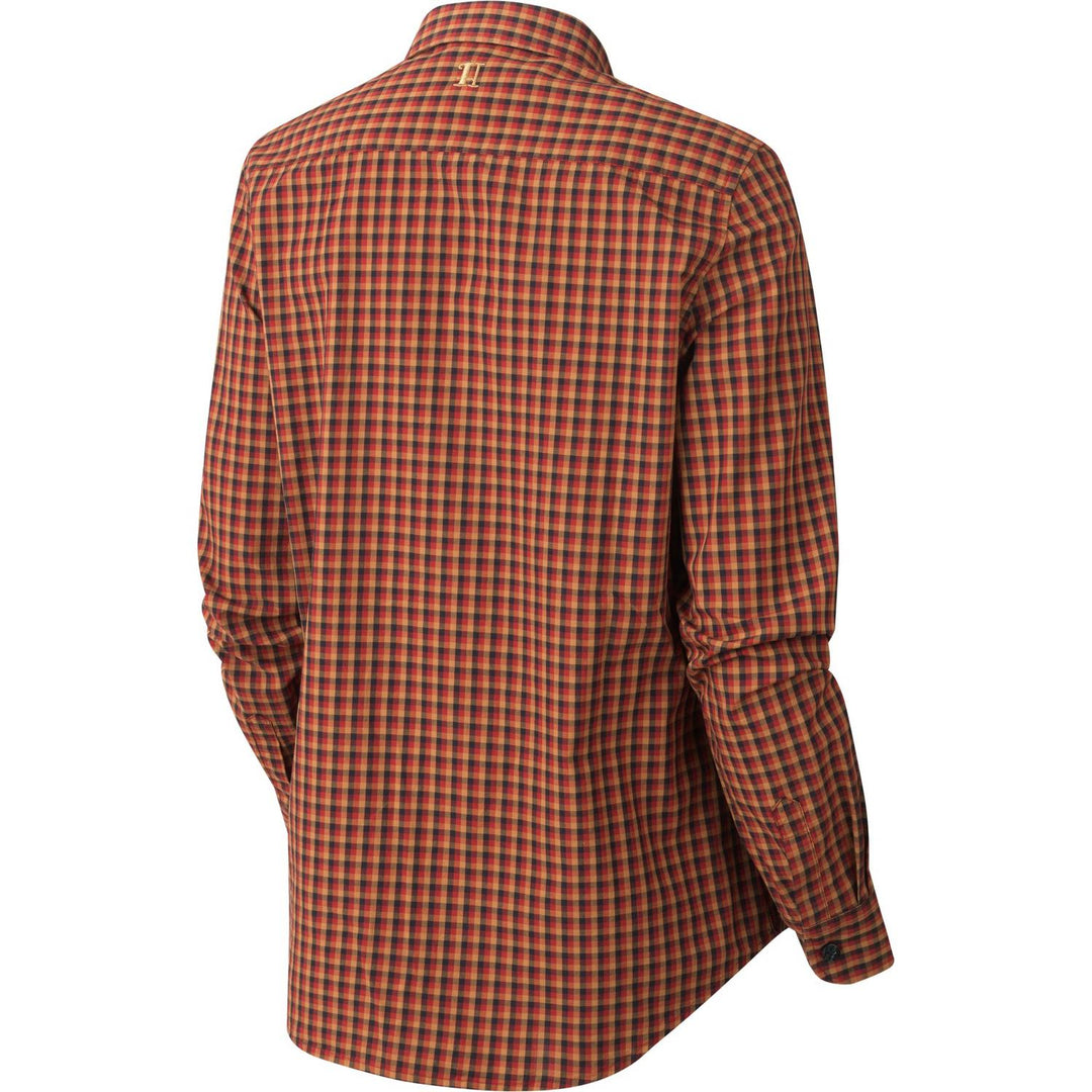 Harkila Selja ladies' check shirt, rear three-quarter view from the left showing the back panel and cuffed sleeve.