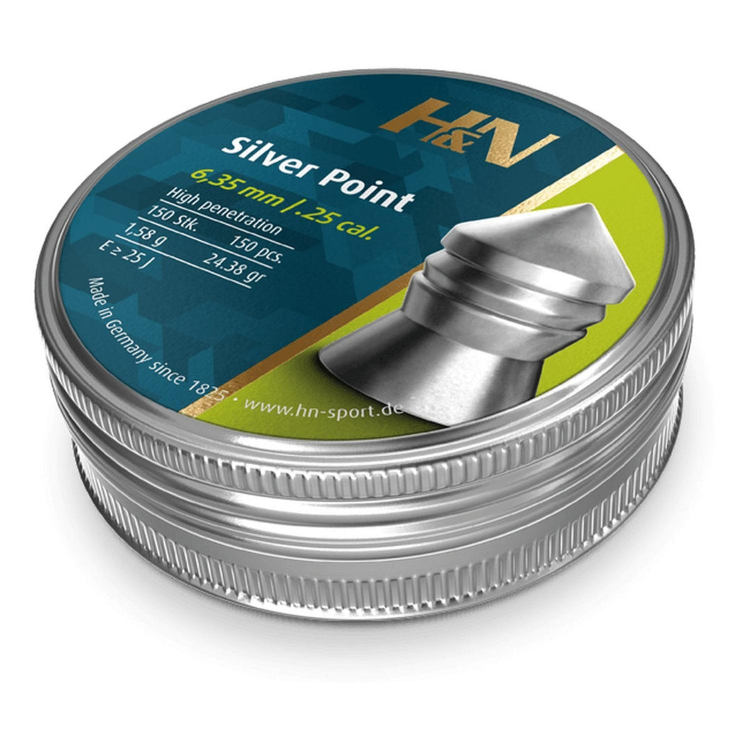 H&N Silver Point .25 6.35mm 24.38gr Pointed Pellets, Tin of 150
