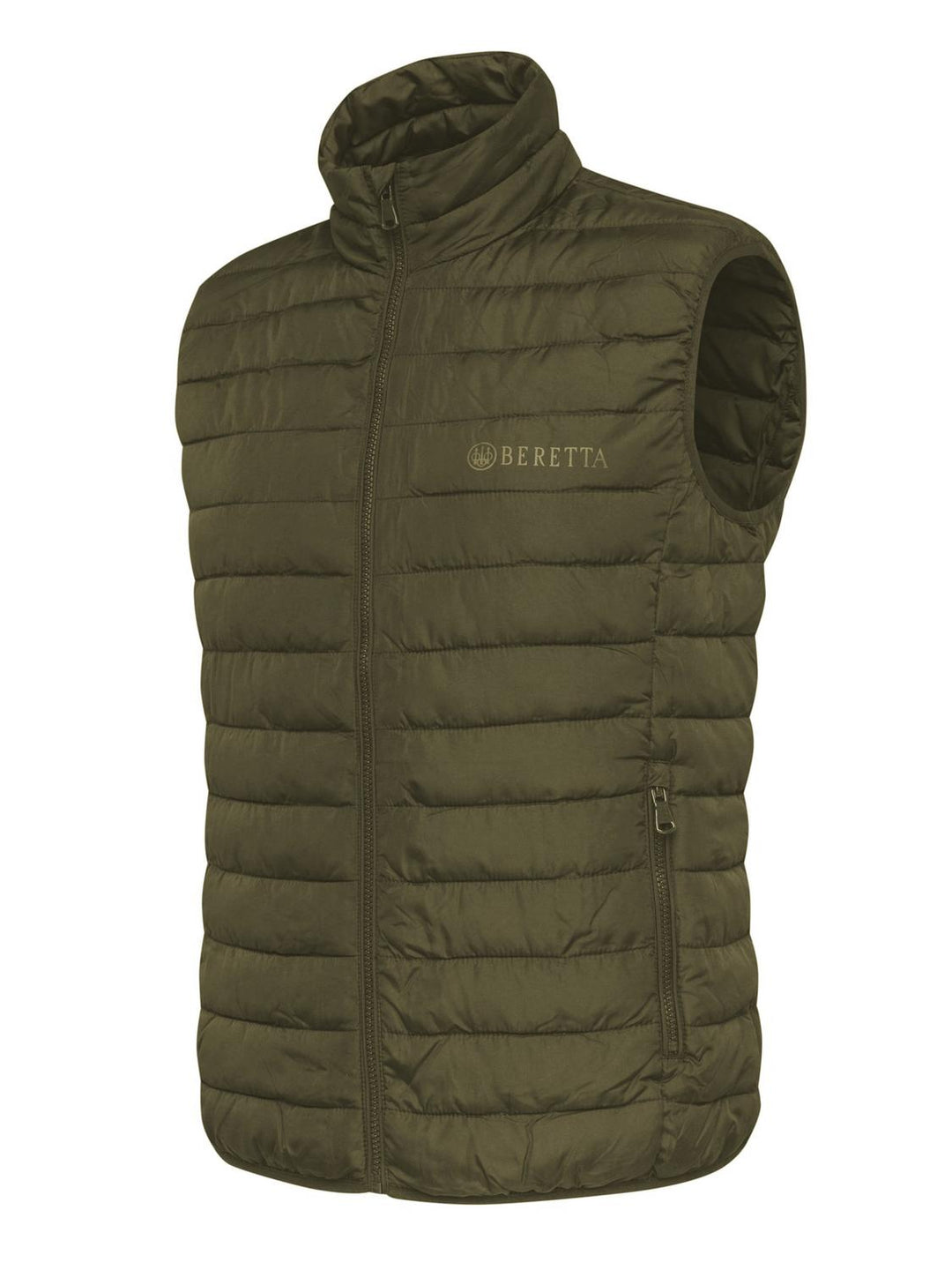 Beretta Pursuit 2 in 1 inner quilted gilet in olive green, front view with Beretta logo and zip pocket