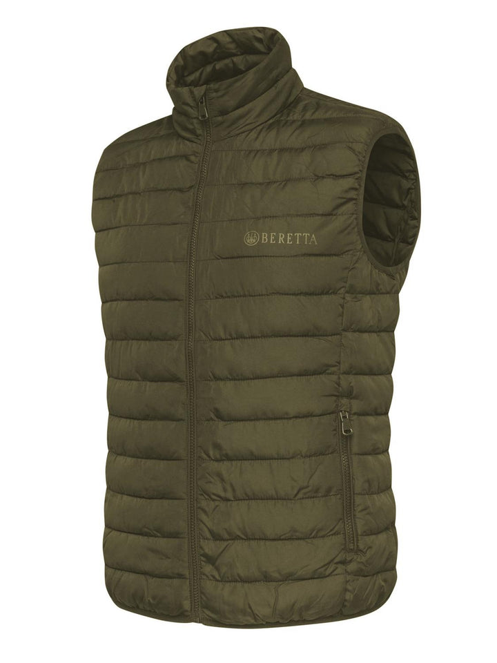 Beretta Pursuit 2 in 1 inner quilted gilet in olive green, front view with Beretta logo and zip pocket