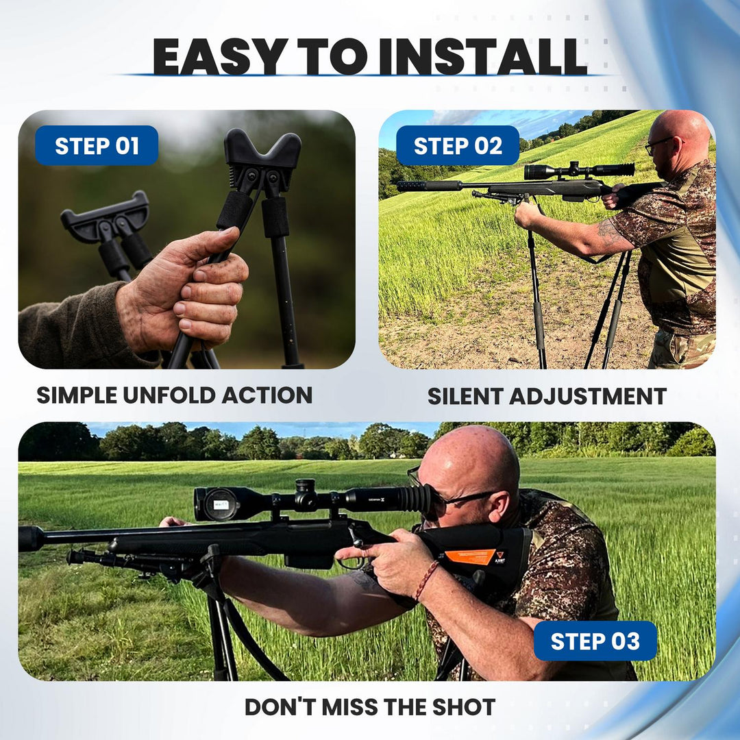 'Easy to Install' three-step infographic showing a shooter unfolding and silently adjusting the BushWear shooting stick before a shot