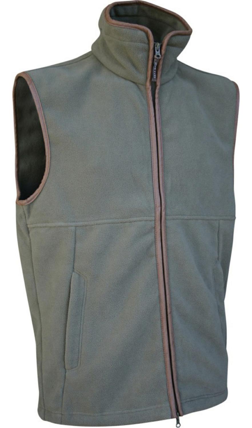 Jack Pyke Countryman Fleece Gilet in grey, front three-quarter side view of the full-zip fleece bodywarmer with tan trim, on white.