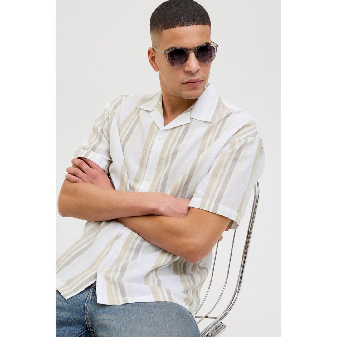 Jack & Jones Jack & Jones Premium revere collar linen shirt in White with Green stripe Travertine