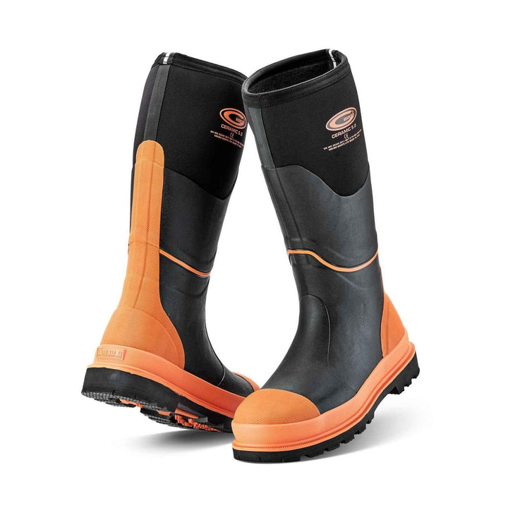 Grubs Ceramic 5.0 S5 non-metallic safety wellington boots in black and orange with orange toe cap, pair three-quarter view