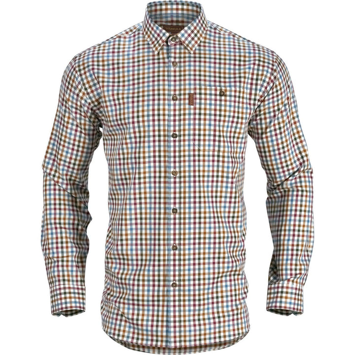 Härkila Milford shirt in cream, blue, red and ochre multi check, front view on a ghost mannequin