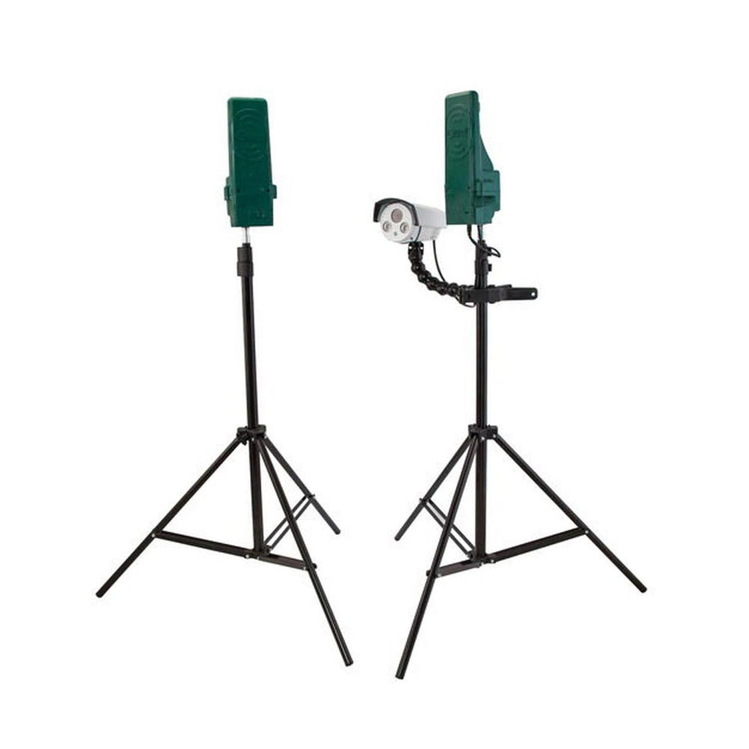 Caldwell Ballistic Precision long range target camera system, two green transmitter units on black tripod stands with the camera head mounted on the right-hand one