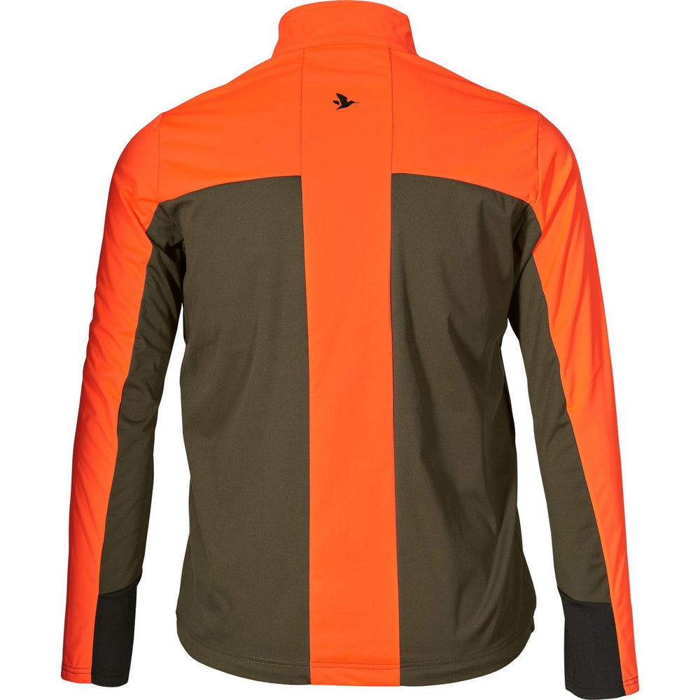Seeland Force Advanced softshell jacket in blaze orange and dark olive – view 2: back view showing the colour-blocked panel design and stretch shoulders.