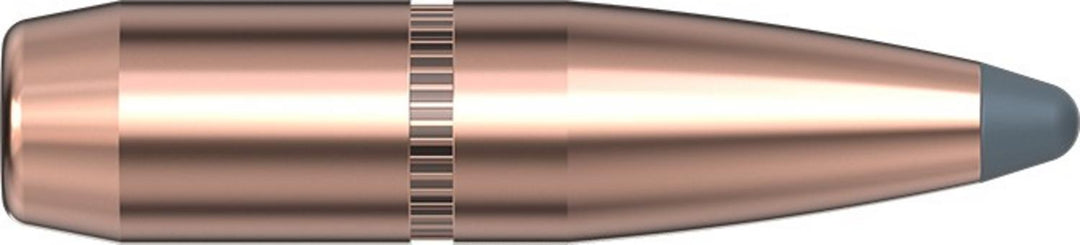 Hornady 25 Cal .257 117gr InterLock BTSP bullet lying horizontally, copper jacket with a knurled cannelure and a soft grey exposed lead point