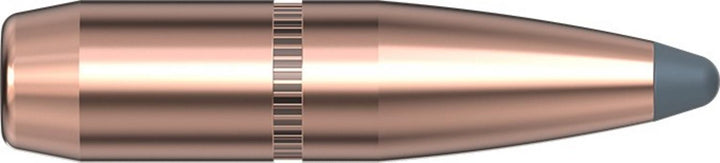 Hornady 25 Cal .257 117gr InterLock BTSP bullet lying horizontally, copper jacket with a knurled cannelure and a soft grey exposed lead point