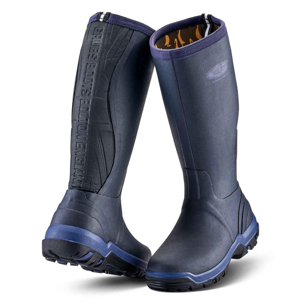 Grubs Rainline 2.0 lightweight rubber wellington boots in navy blue with blue sole accents, pair shown from the front three-quarter