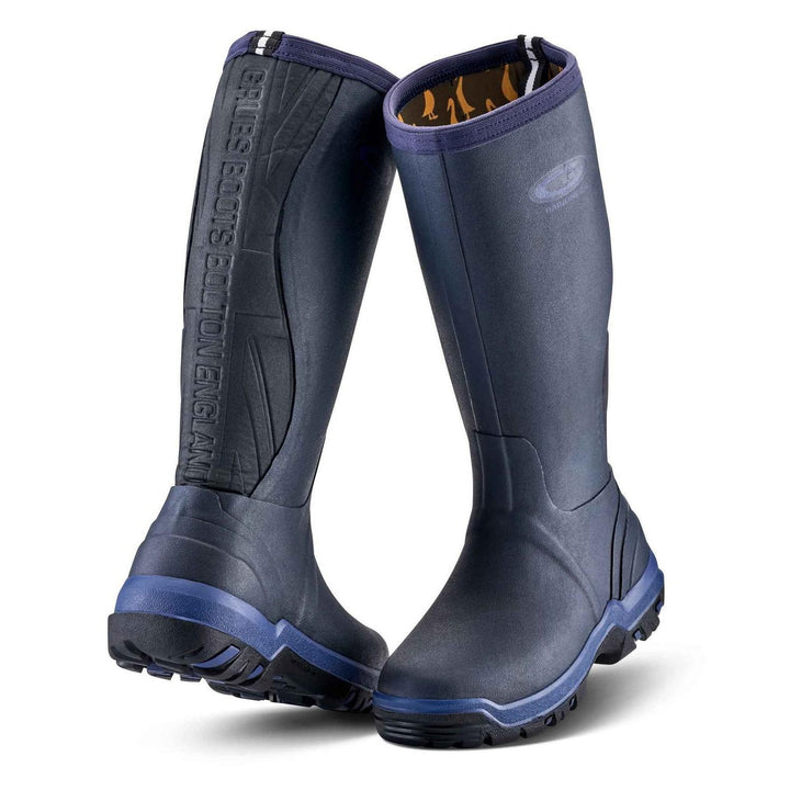 Grubs Rainline 2.0 lightweight rubber wellington boots in navy blue with blue sole accents, pair shown from the front three-quarter