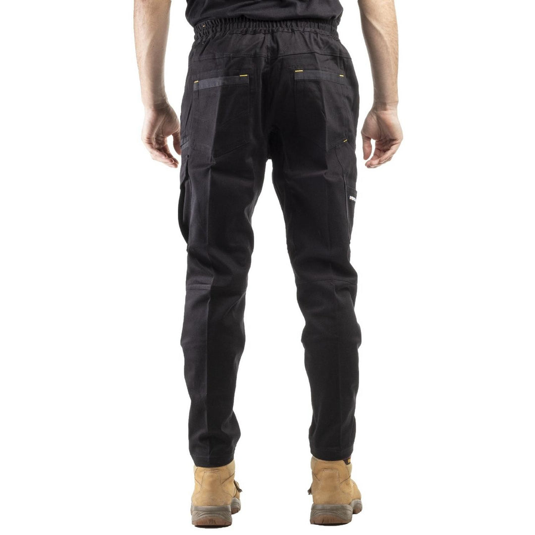 Caterpillar Dynamic trouser in black, rear view on a model showing back pocket and tapered legs
