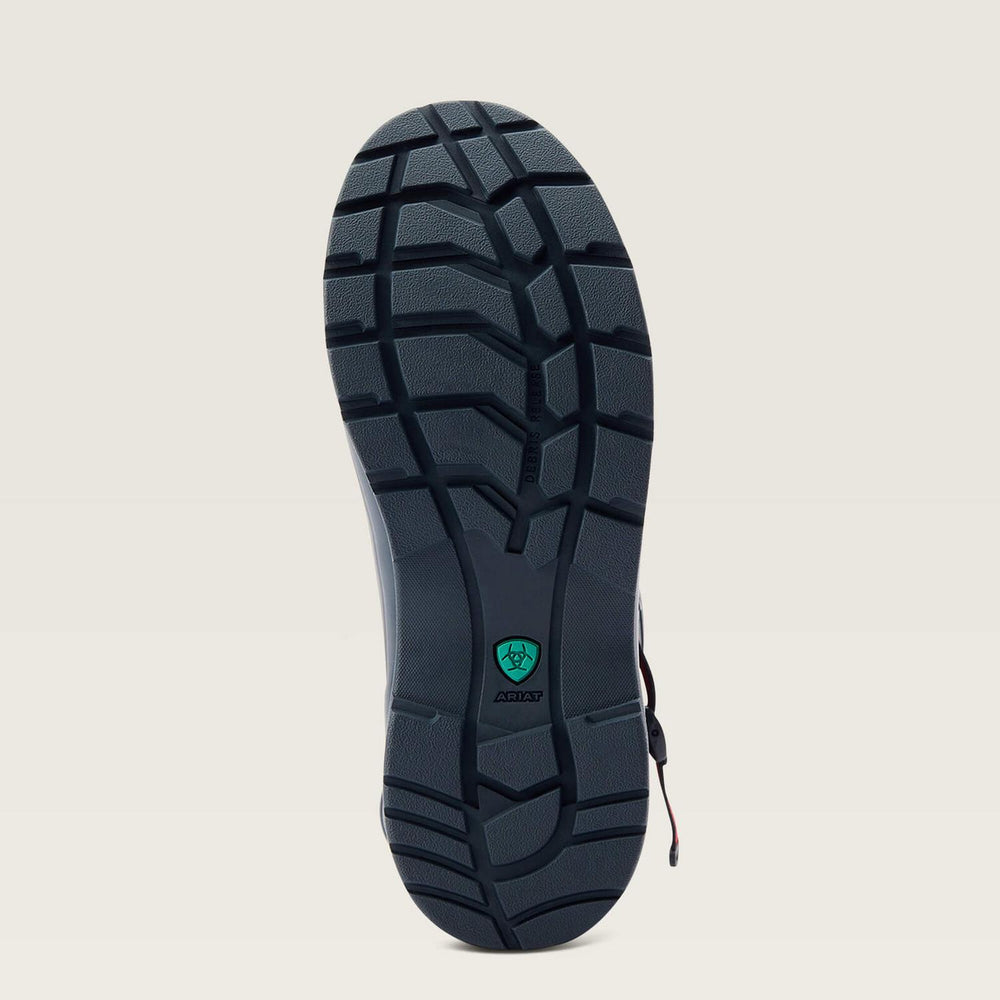 Sole of the navy Ariat Kelmarsh Mid boot shown from below, deep lugged rubber tread with the Ariat shield badge