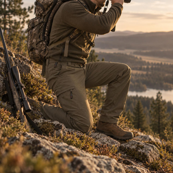 Hunter kneeling on a hillside at sunrise wearing the No Tick Forest Trousers, with a rifle and backpack