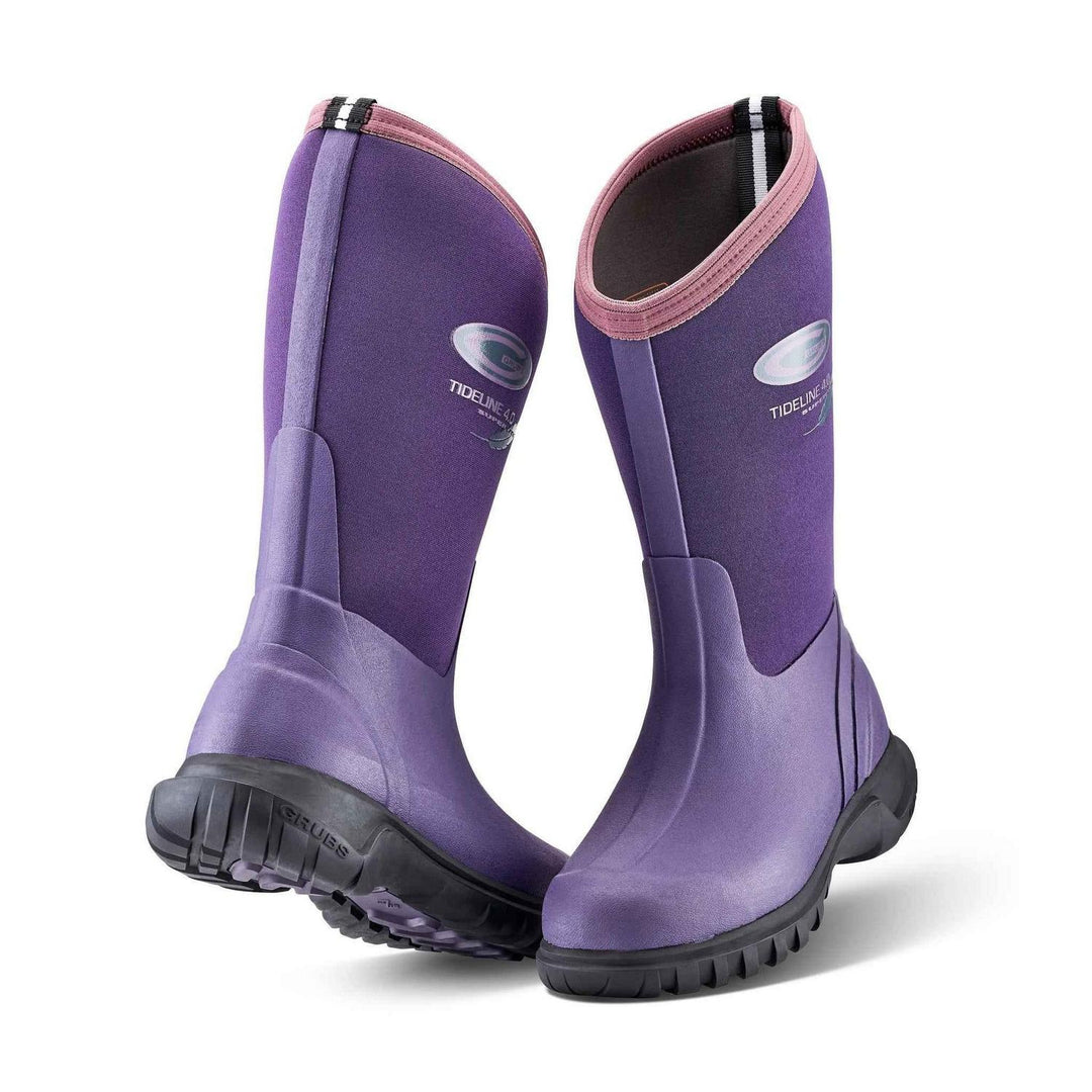 Grubs Tideline 4.0 youth insulated wellington boots in purple neoprene with pink collar trim and black sole, pair three-quarter view