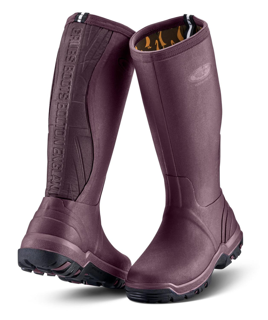Grubs Rainline 2.0 lightweight rubber wellington boots in burgundy, pair shown from the front three-quarter with patterned lining