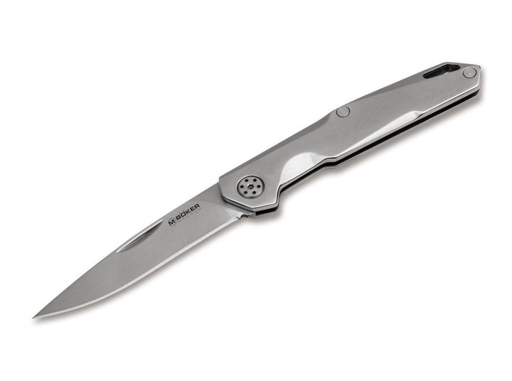 Böker Magnum Shiny EDC folding knife with polished stainless steel handle and slim blade, open, side view on white