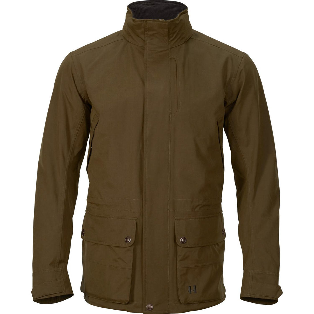 Härkila Retrieve jacket in olive green, ghost-mannequin front view with stand collar, centre zip under a stud storm flap and twin lower flap pockets