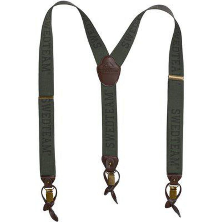 Swedteam Crest Combi braces laid flat in a Y shape: green elastic webbing printed SWEDTEAM, brown leather crown yoke, brass sliders and leather button tabs with metal clips.