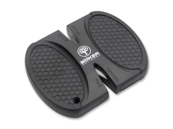 Böker Two-Stage X-Shaped Pocket Sharpener in black with honeycomb grip pads, top view