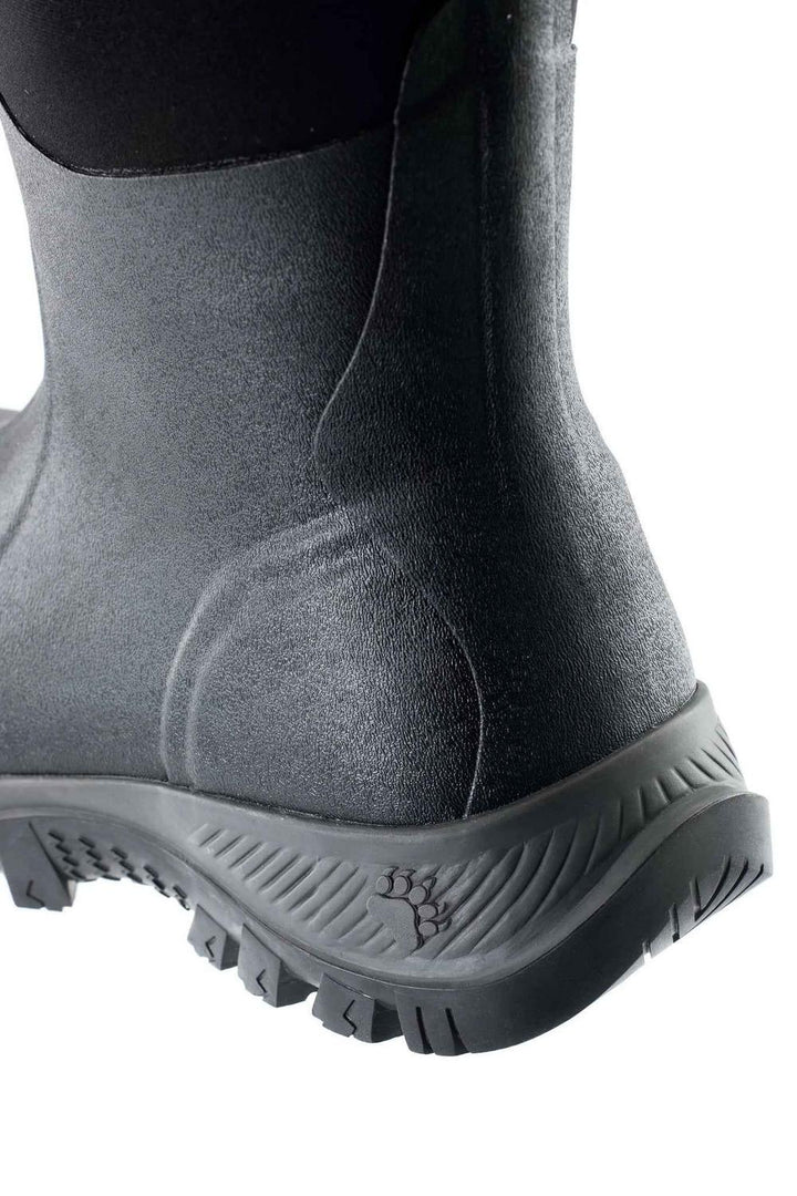 Rear view of the heel and lower shaft of a black Grubs Bearline 8.5 wellington boot with paw print on the sole edge