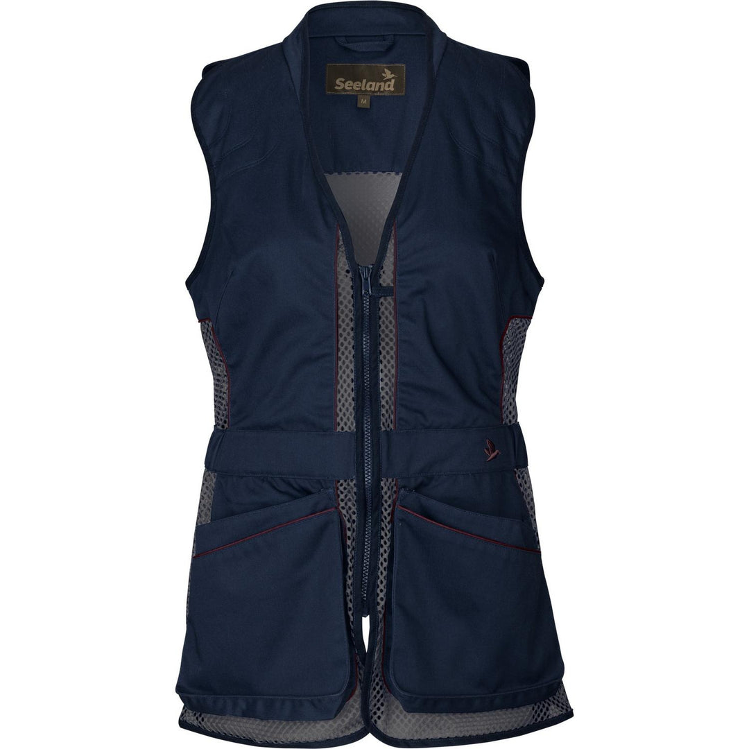 Seeland Skeet II Lady waistcoat in Patriot navy, ghost-mannequin front view with full-length zip, grey mesh side panels and the Seeland label at the neck