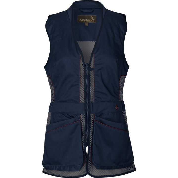 Seeland Skeet II Lady waistcoat in Patriot navy, ghost-mannequin front view with full-length zip, grey mesh side panels and the Seeland label at the neck
