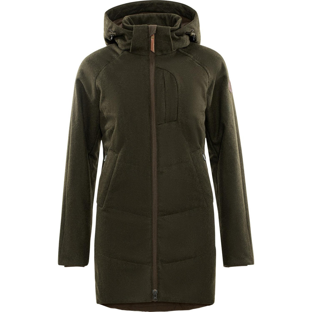 Härkila Metso Winter women's jacket in dark willow green, front view on an invisible mannequin: long insulated coat with the hood up, full-length zip and slanted hand pockets.
