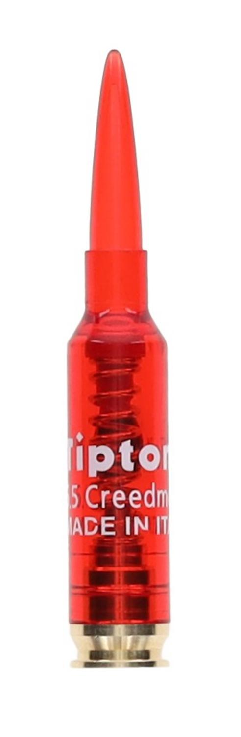 Tipton 6.5 Creedmoor snap cap, translucent red dummy round with a brass base standing upright, printed Tipton 6.5 Creedmoor markings