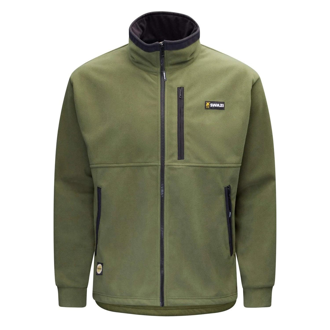 Swazi fleece jacket in olive green, front view with a chest zip pocket, side zip pocket and a small hem badge.