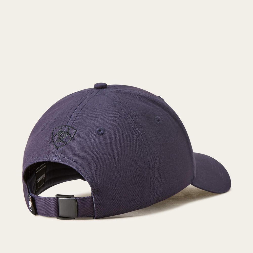 Ariat Show Cap in navy, rear three-quarter view showing the adjustable buckle strap and open back