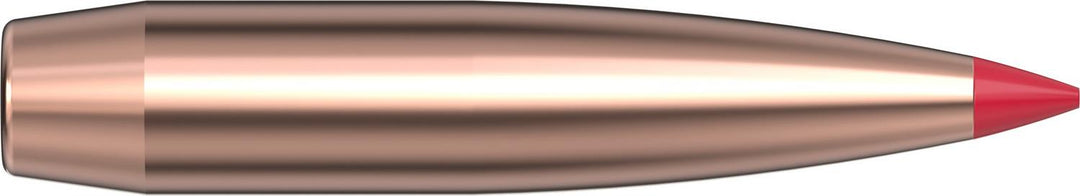 Hornady 25 Cal .257 128gr ELD-X bullet lying horizontally, long copper boat-tail profile with a red Heat Shield polymer tip
