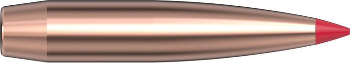 Hornady 25 Cal .257 128gr ELD-X bullet lying horizontally, long copper boat-tail profile with a red Heat Shield polymer tip