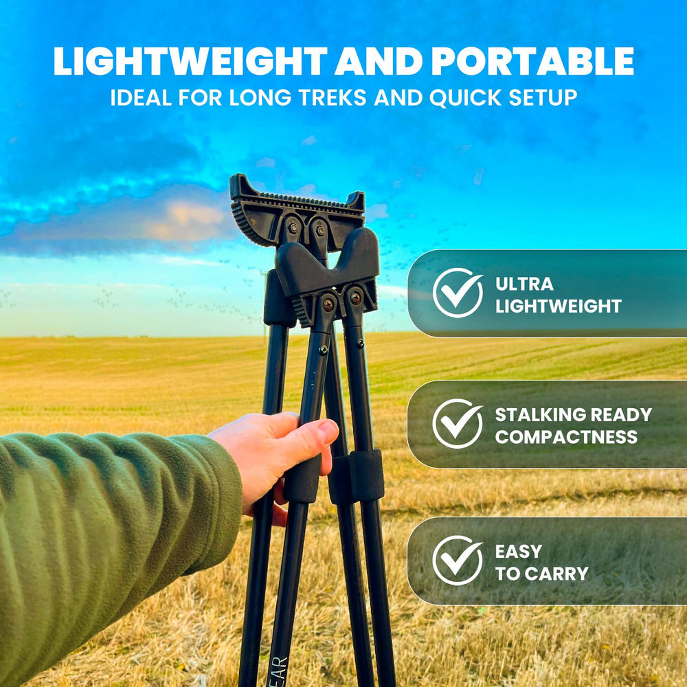 'Lightweight and Portable' infographic for the BushWear 4 Leg Shooting Stick: a hand holding the folded sticks with bullet points on light weight and compact pack size